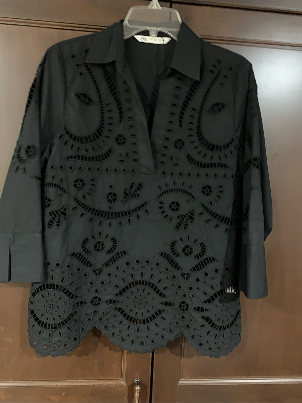 Zara Black Eyelet Cutwork Popover Blouse